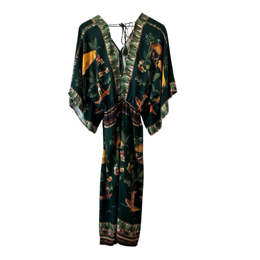 Farm‎ Rio Womens Dress Green Medium Yawanawa Indigenous Hut Print Rare Viscose - Picture 14 of 15